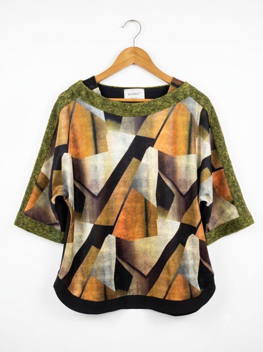 SOPHYE Made In Italy Abstract Geometric Top Green Bouclé Trim Wool Blend OS